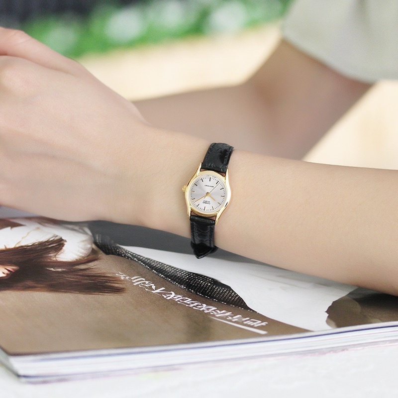 Đồng hồ nữ Casio LTP-1094Q-7A, đồng hồ chính hãng, dây da đen mặt ánh vàng, viền vàng