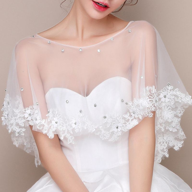 Áo Choàng Ren Hoa Gợn Sóng Đính Hạt Cườm Lấp Lánh Dành Cho Cô Dâu