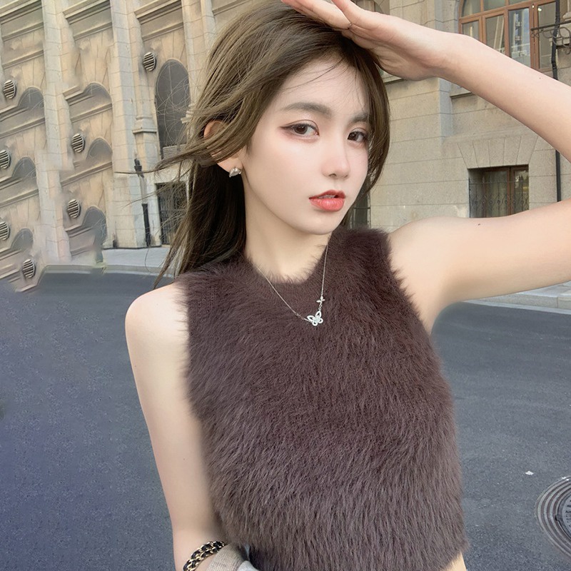 Áo Khoác Nhung Sát Nách Dáng Ngắn Mềm Mại Quyến Rũ Cho Nữ