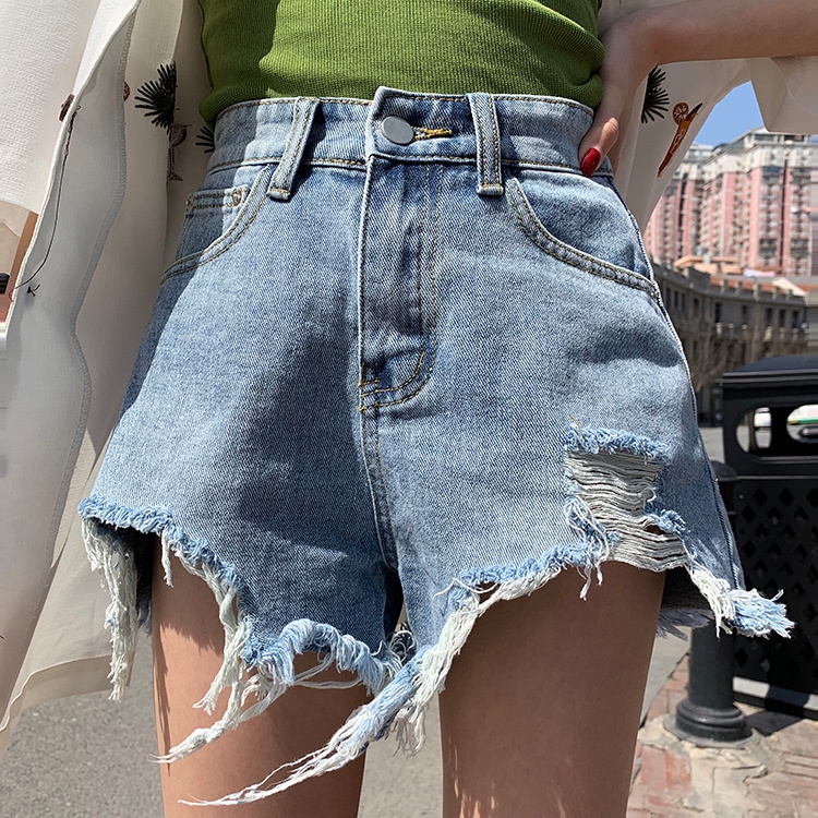 Xiaozhainv Quần short denim màu trơn phối rách thời trang cho nữ | BigBuy360 - bigbuy360.vn