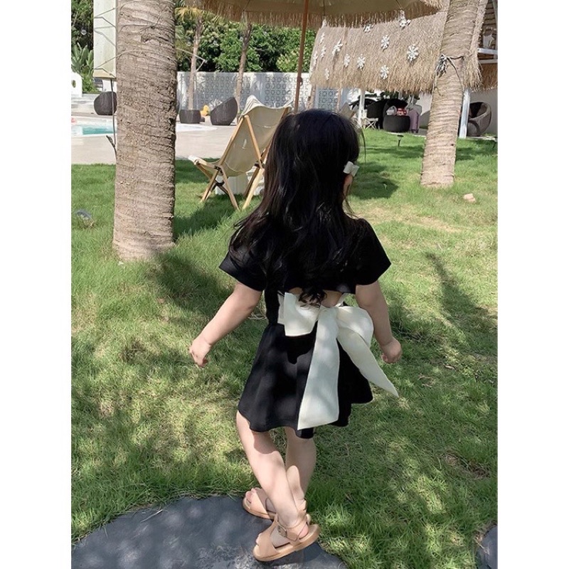 Sét váy cotton tàu khoét lưng kèm nơ bản to cho bé gái từ 8-20kg💋