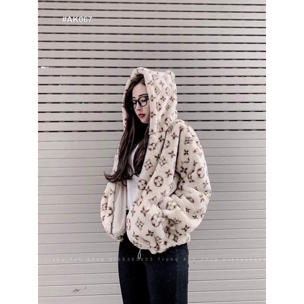 Áo khoác lông lv có mũ 2 lớp và áo khoác lông hoạ tiết báo 2 lớp