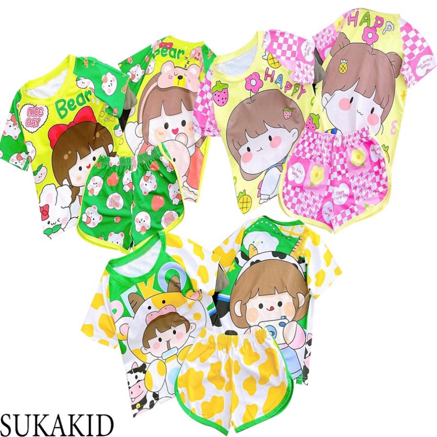 ( Km ) Combo 3 Bộ đồ siêu cute chất liệu thoáng mát mềm mịn hinh bé happy hồng bé bò sữa. gái gấu thỏ. 6kg đên 40kg.GN09