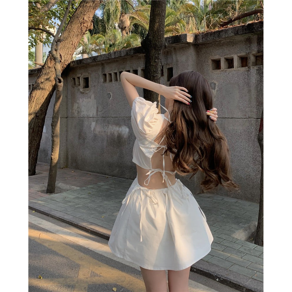 Váy hở lưng buộc dây sexy - Váy đầm nữ tư bồng buộc dây lưng khoét eo sexy tôn dáng freesize chất thô mát 3 màu | BigBuy360 - bigbuy360.vn