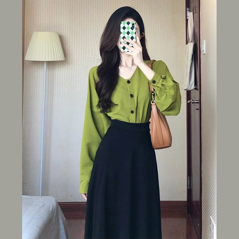 Set Áo Sơ Mi Tay Dài Và Chân Váy Lưng Cao Phong Cách Pháp Cổ Điển Thời Trang Mùa Thu Mới Cho Nữ