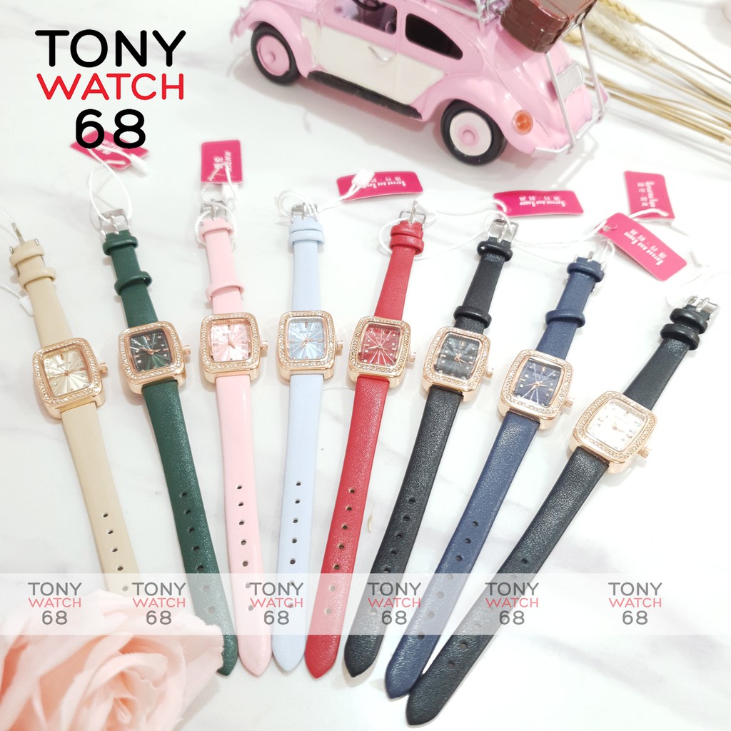 Đồng hồ nữ Bolun chữ nhật đính đá dây da nhiều màu độc đáo chống nước chính hãng Tony Watch 68