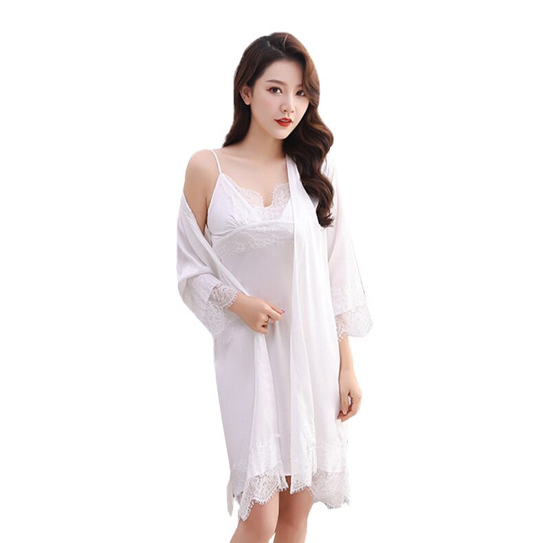 Bộ Đồ Ngủ 2 Món Vải Lụa Lạnh Cổ Chữ V Phối Ren Gợi Cảm Cho Nữ