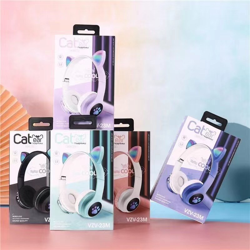 Tai nghe mèo VZV 23M – Có đèn led – Kết nối bluetooth 5.0 - headphone có micro – hỗ trợ điều chỉnh âm lượng – Có cổn AUX