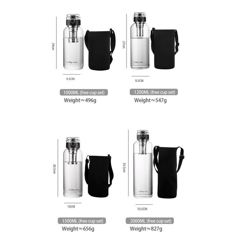 Bình nước ONEISALL bằng thủy tinh hai lớp chịu nhiệt dung tích lớn cho thể thao và du lịch 750/1000/1200/1500/2000ml