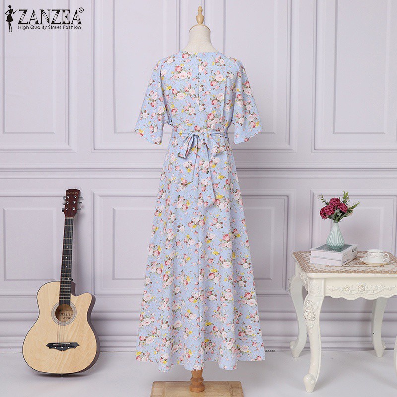 Đầm dài maxi ZANZEA có nút cài thiết kế cổ V và ngắn tay thời trang cho nữ