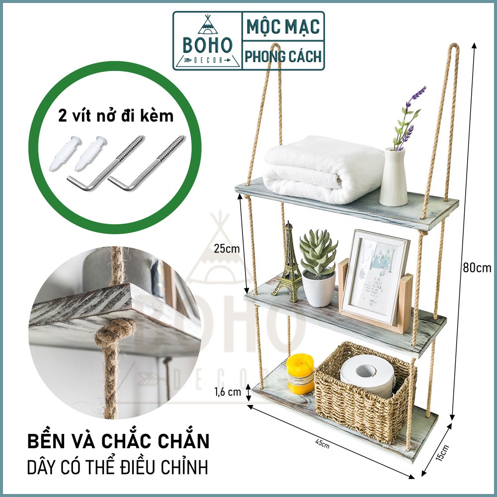 Kệ Treo Tường BOHO DECOR, Trang Trí Nhà Cửa Phong Cách Giả Cổ Độc Đáo, Gỗ Tự Nhiên 45 x 15 cm, Trắng
