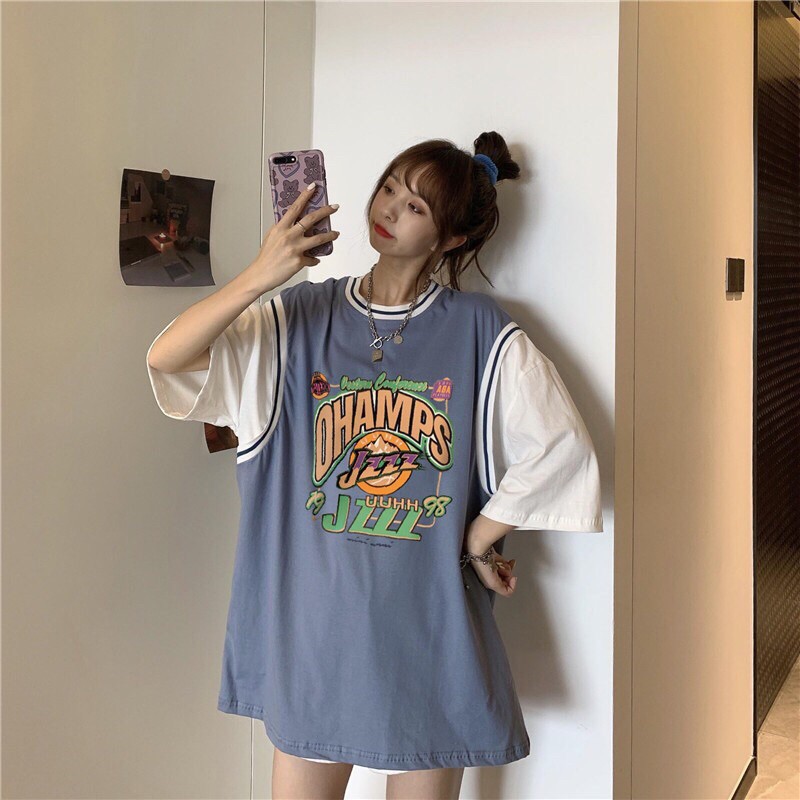 Áo thun tay lỡ dáng Unisex form rộng phong cách Ulzzang phối màu OHAMPS