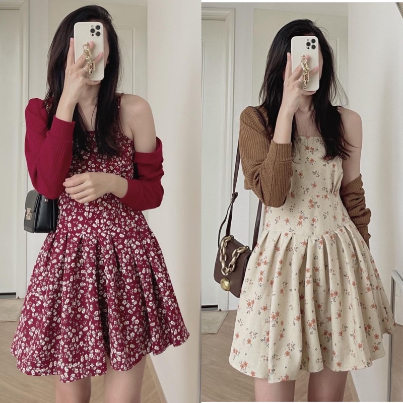 SET VÁY HOA 2 MÓN gam màu kiểu retro gồm váy hoa ngắn và cardigan lửng tone màu cực xinh