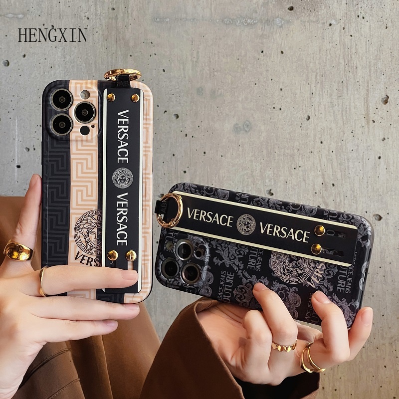 Trendy Versace Wrist Strap Holder Case for iPhone 1514 11 12 13 Pro Max Shockproof Silicone Protective Case