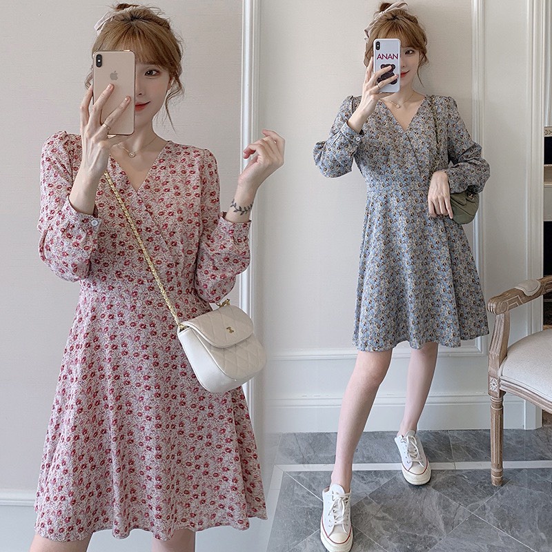 Váy Voan Hoa Hồng Xanh Kiểu Dài Tay Thắt Eo Xinh Xắn