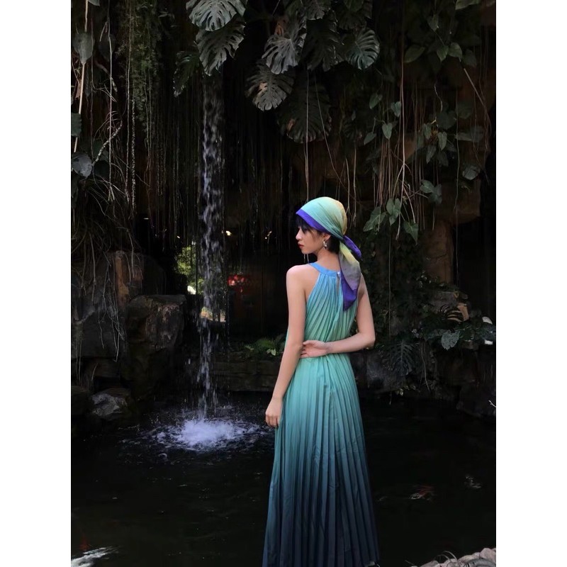Váy đầm maxi xếp ly cổ yếm màu ombre lạ mắt vintage bầu bì bon chen đi biển đi du lịch