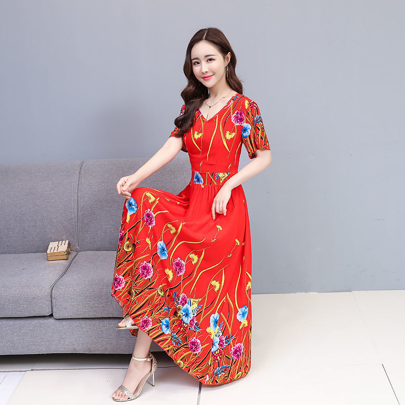 Dress 2021 new summer mother's imitation ice silk waist shows thin and noble, foreign style, over the knee big swing printing | BigBuy360 - bigbuy360.vn