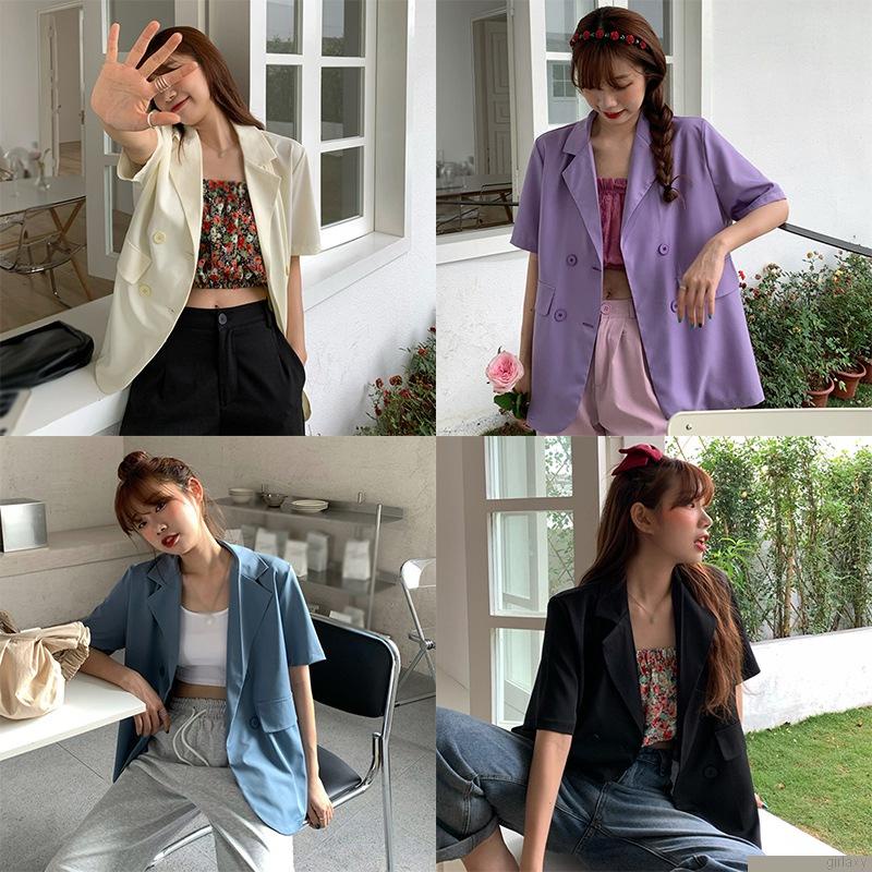 Áo khoác blazer tay ngắn dáng rộng màu sắc đơn giản thời trang công sở cho nữ