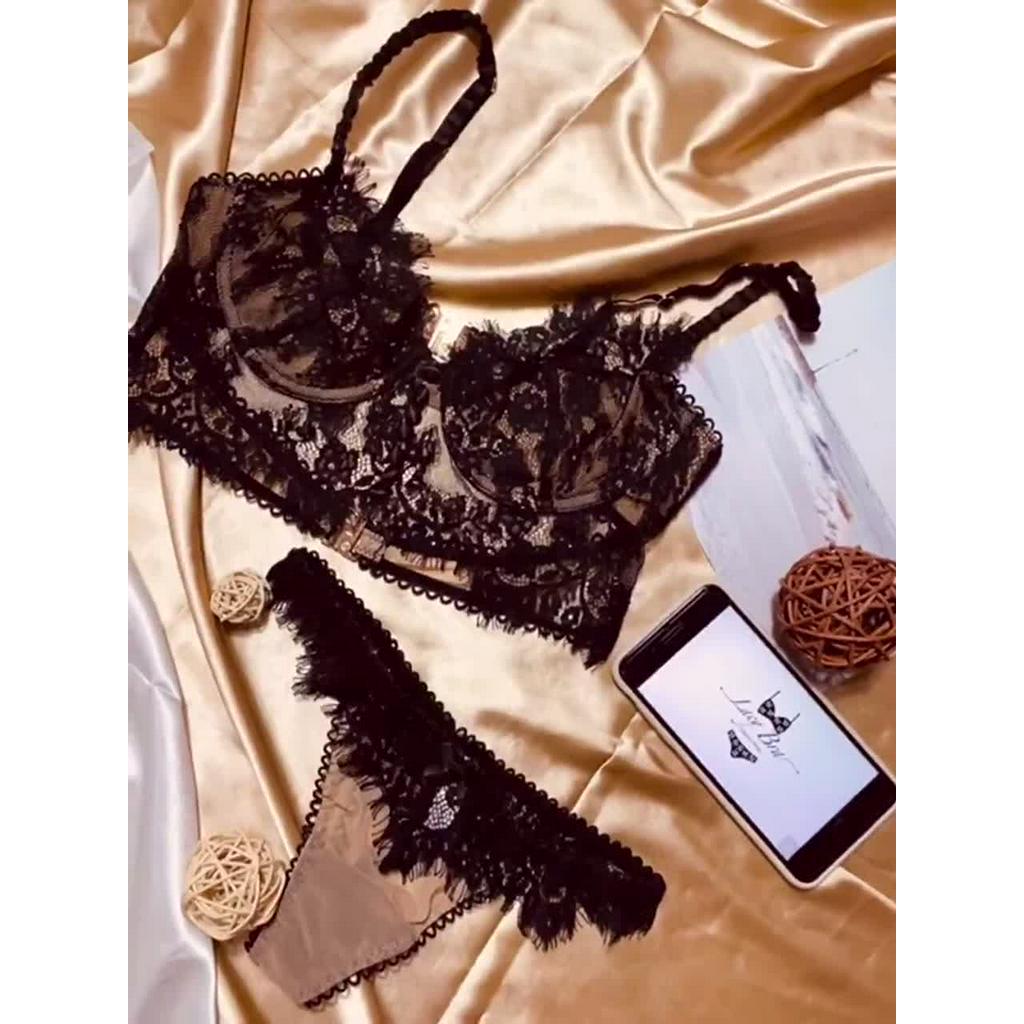 Áo bra ren, Áo bralette hàng cúc ren mềm xuyên thấu phối quần lọt khe sexy The Celynbra - B08 | BigBuy360 - bigbuy360.vn