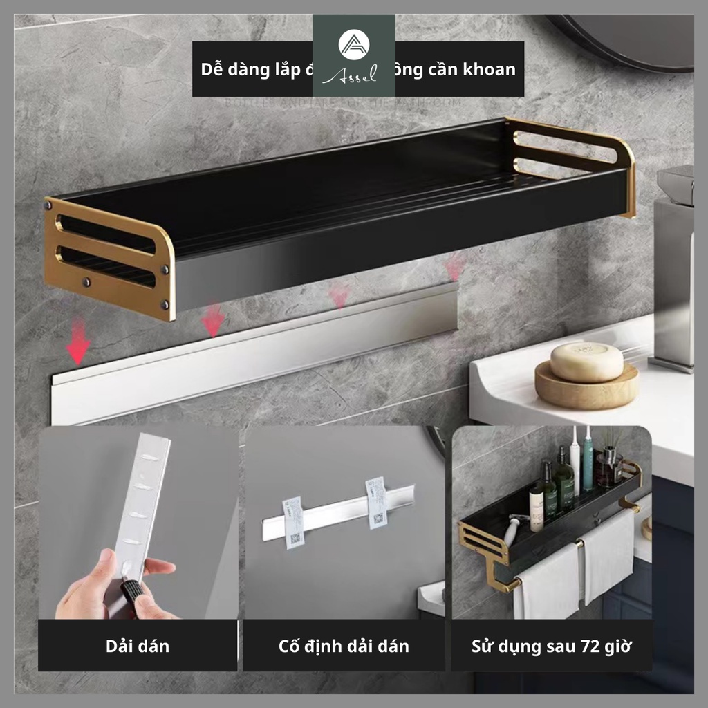 Kệ nhà tắm dán tường cao cấp phong cách sang trọng hiện đại để đồ nhà tắm, kệ treo khăn mạ vàng tiên tiến ASSEL