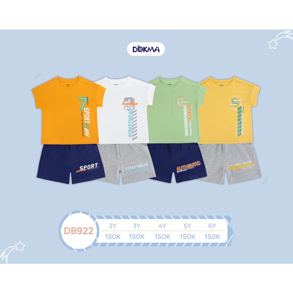 Bộ cộc tay Dokma phong cách thể thao cho bé trai chất cotton mềm, mát.