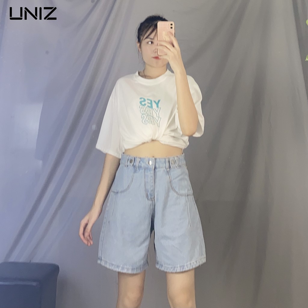 Quần Short Nữ UNIZ (Màu Xanh), Dáng Rộng, Cạp Cao, Ống Rộng, Suông, Vải Jean, Mềm Mịn, Co Giãn Nhẹ