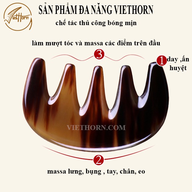 Lược 5 răng đa năng bằng sừng VIETHORN /chải tóc massa dây thần kinh kết hợp /chăm sóc da mặt /đánh tan stress