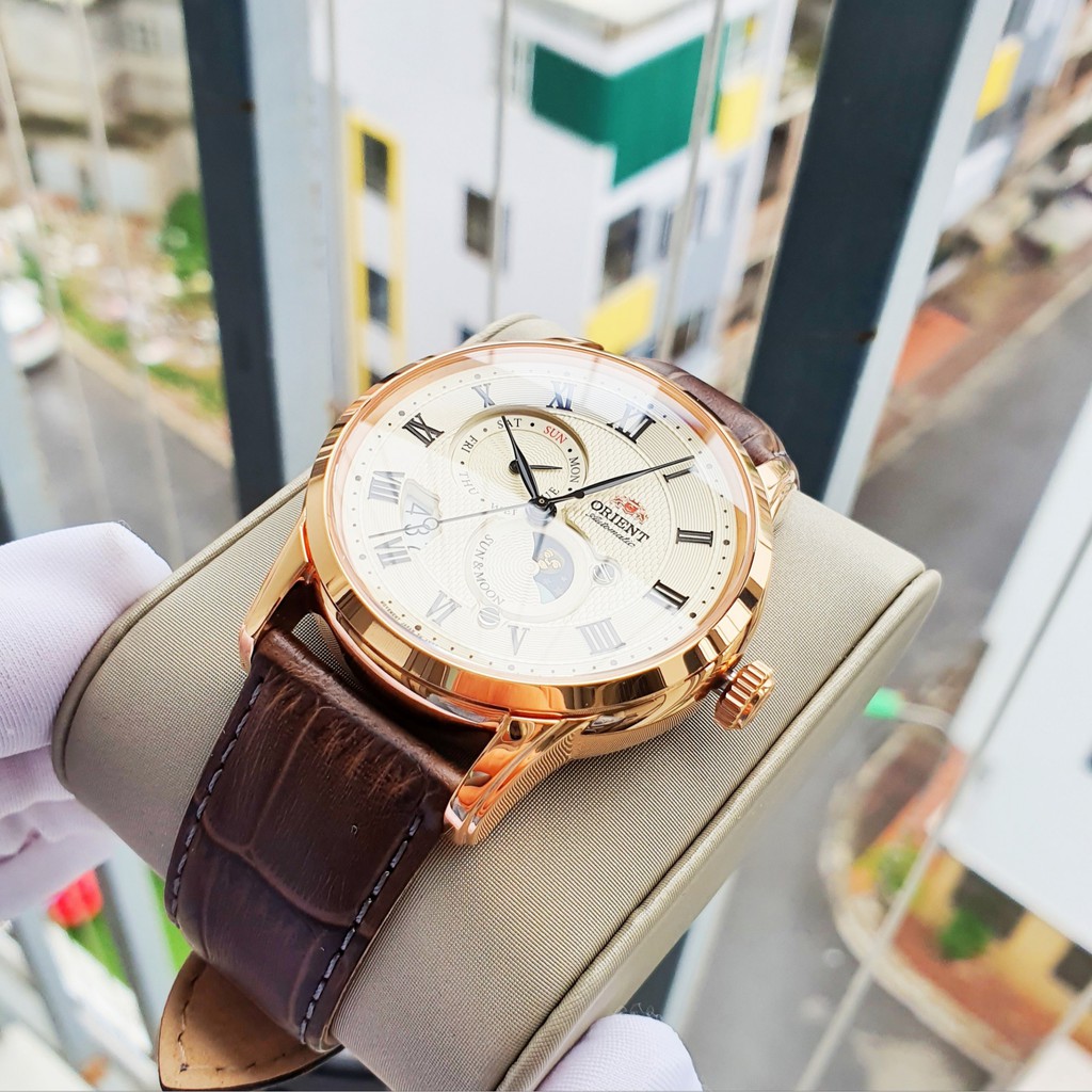 Đồng hồ Nam Orient Automatic Sun&amp;Moon Gen 3 SAK00001Y0 Mặt trắng,Lịch thứ ngày,Moonphase-Máy cơ tự động-Dây da-Size 42mm