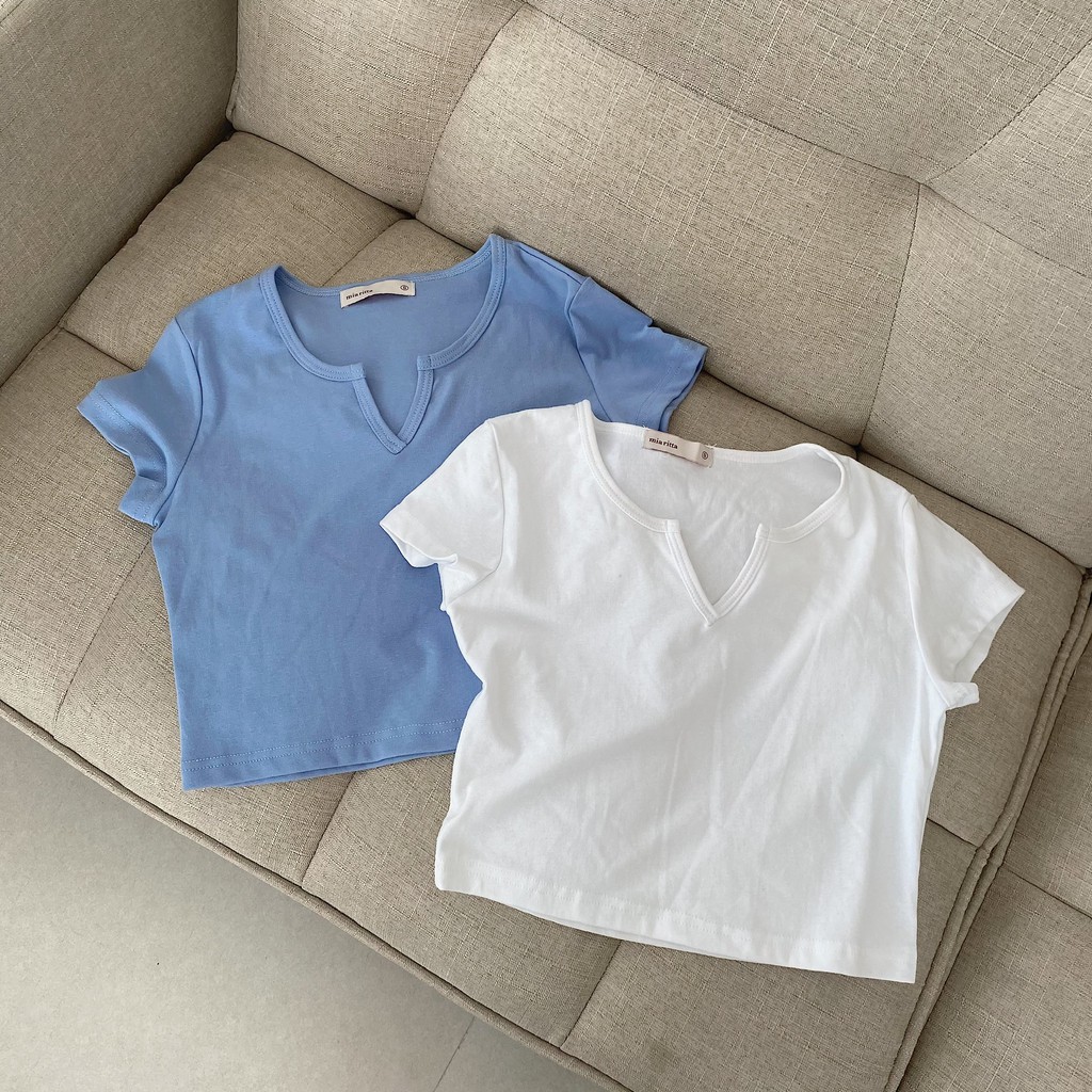 Áo croptop cổ tròn khoét V cộc tay thun Mia Ritta A2075 Ảnh thật