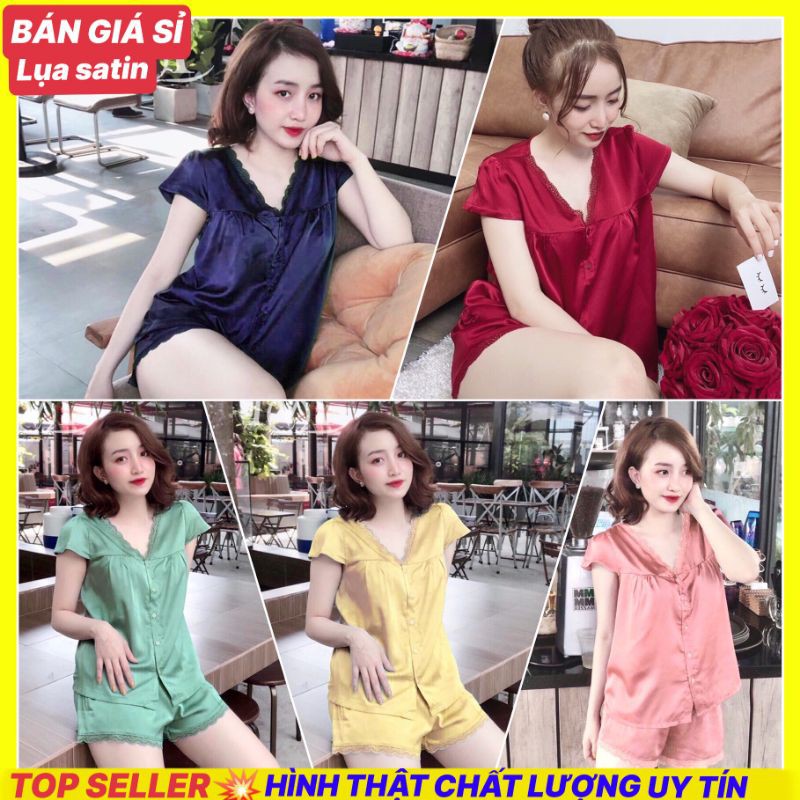 Bộ ngủ lụa satin babydoll phối ren xinh xắn &lt; 60kg