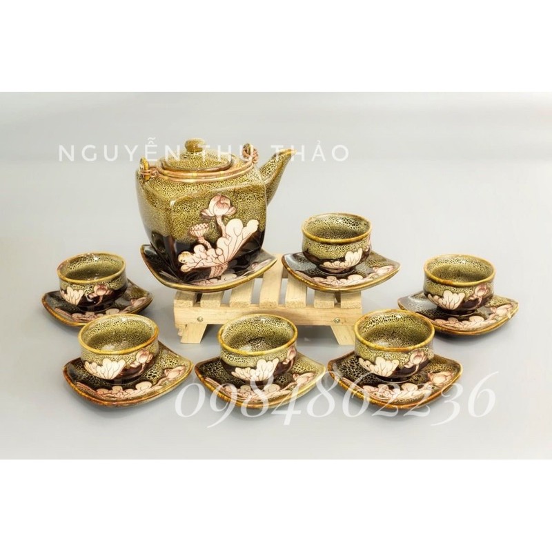 Bộ ấm chén men hoả biến dáng ấm vuông Bát Tràng - Bộ trà cao cấp