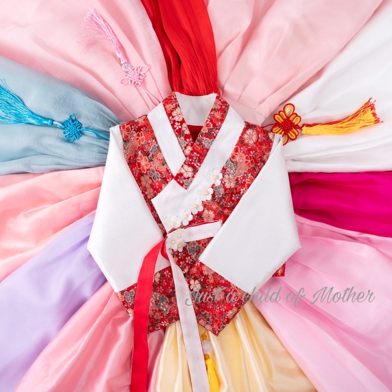 Váy Hanbok hoa anh đào bé gái HK2108, Vải gấm Thượng Hải cao cấp