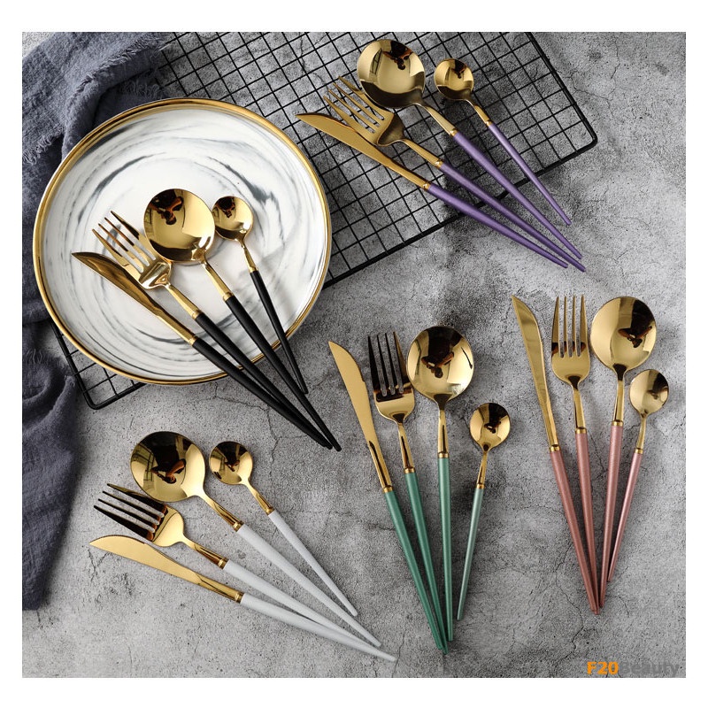 Set 4 món thìa dao dĩa inox dụng cụ ăn cá nhân mạ vàng cao cấp phong cách hoàng gia Cutlery set