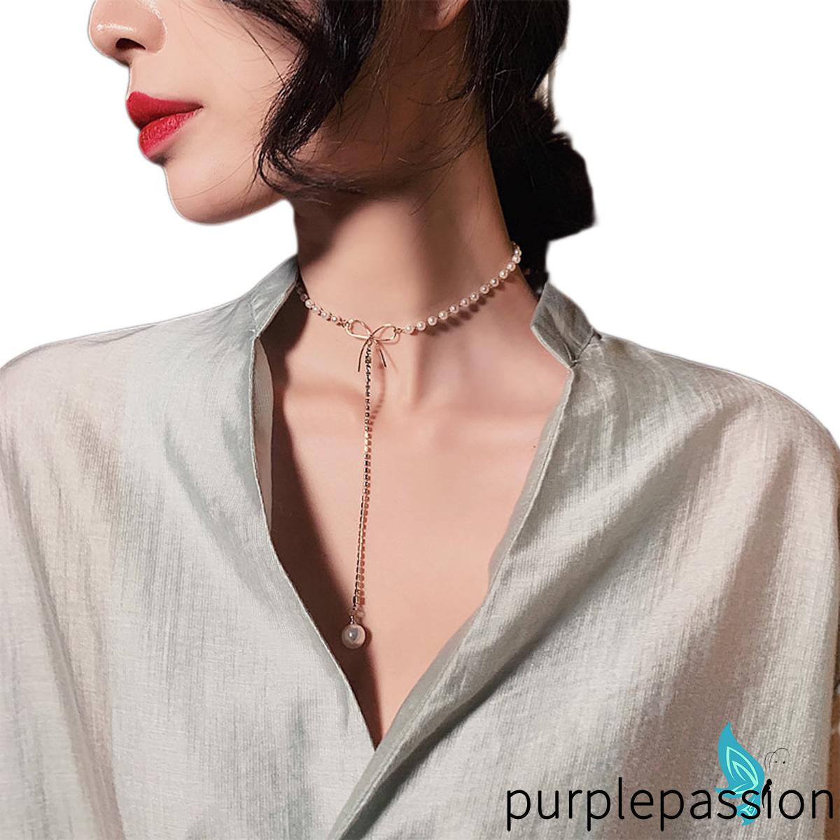 PURP-Clavicle Necklace Pearl Rhinestone Adjustable Bow Elegant Noble Fashionable Joker Woman Jewelry Pendant Necklace