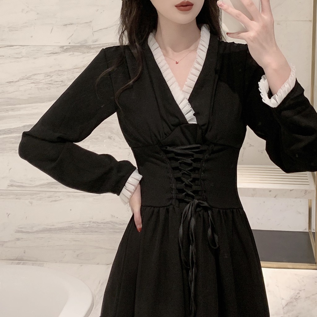 Đầm tiểu thư black basic cổ V thắt eo phối phong cách Pháp kèm ảnh thật ♥︎ | BigBuy360 - bigbuy360.vn