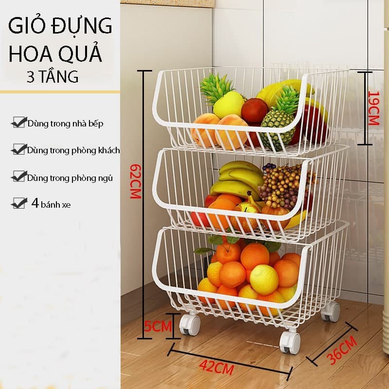 Kệ đựng hoa quả 2,3,4 tầng có bánh xe di chuyển và cố định, xe đẩy rau củ có khớp nối đa năng bằng thép không gỉ