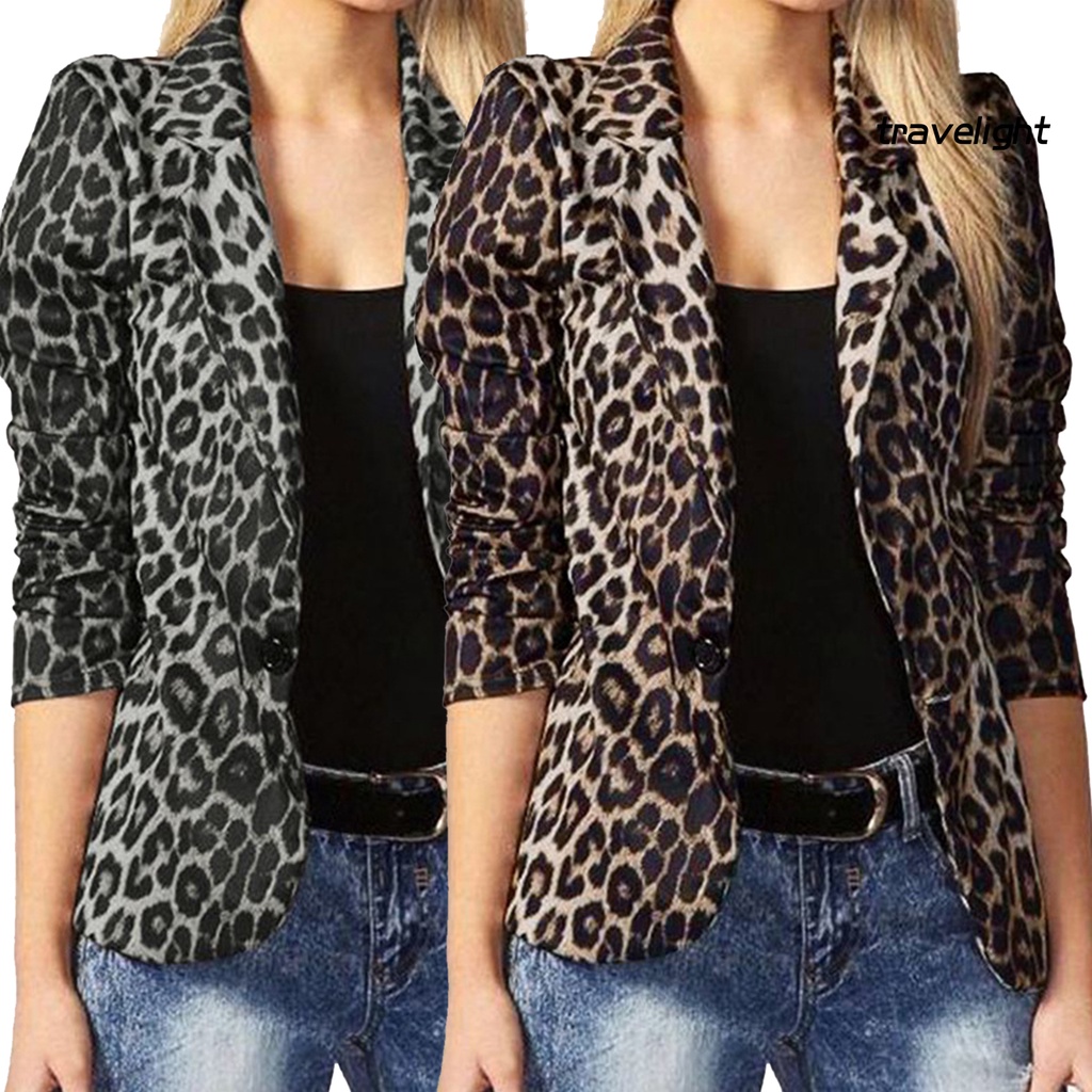 Áo Khoác Blazer Cổ Bẻ In Họa Tiết Da Báo Cài Một Hàng Khuy Dáng Ôm Dành Cho Bạn Nữ Đi Làm