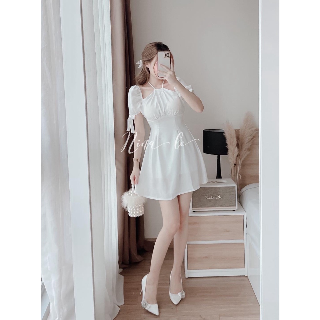 Đầm váy nữ ôm eo dáng xòe siêu xinh họa tiết 3 màu cổ kiểu yếm tay ngắn cột nơ sang trọng dự tiệc dạo phố