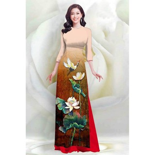 SÉT ÁO DÀI LỤA TRUYỀN THỐNG IN HOA SEN & CHIM CÒ