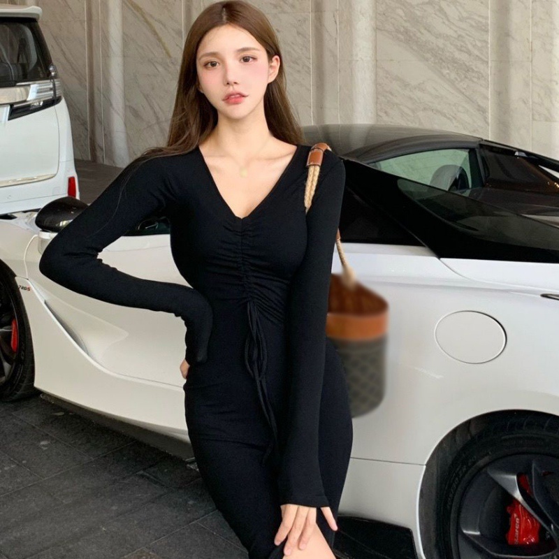 Đầm tay dài cổ chữ v màu sắc nhã nhặn thiết kế mỏng thời trang theo phong cách hàn quốc