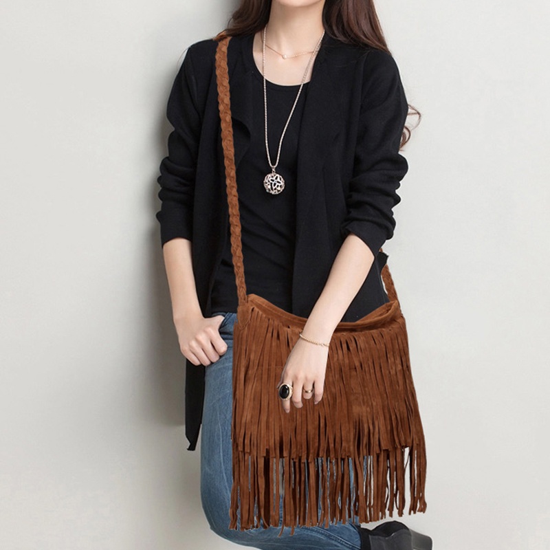 Ielgy Túi Xách Đeo Chéo Có Dây Kéo Mờ Phối Tua Rua Cổ Điển