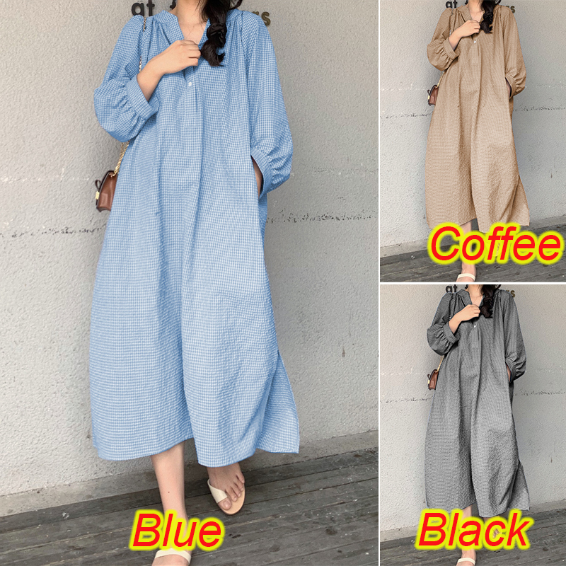 Đầm ZANZEA Dáng Dài Tay Lửng Cổ Chữ V Họa Tiết Caro Thời Trang Dành Cho Nữ | BigBuy360 - bigbuy360.vn