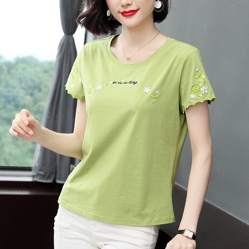 Áo Thun cotton Cổ Tròn Dáng Rộng Thêu Họa Tiết Đơn Giản Thời Trang Mùa Hè Cho Nữ Trung Niên