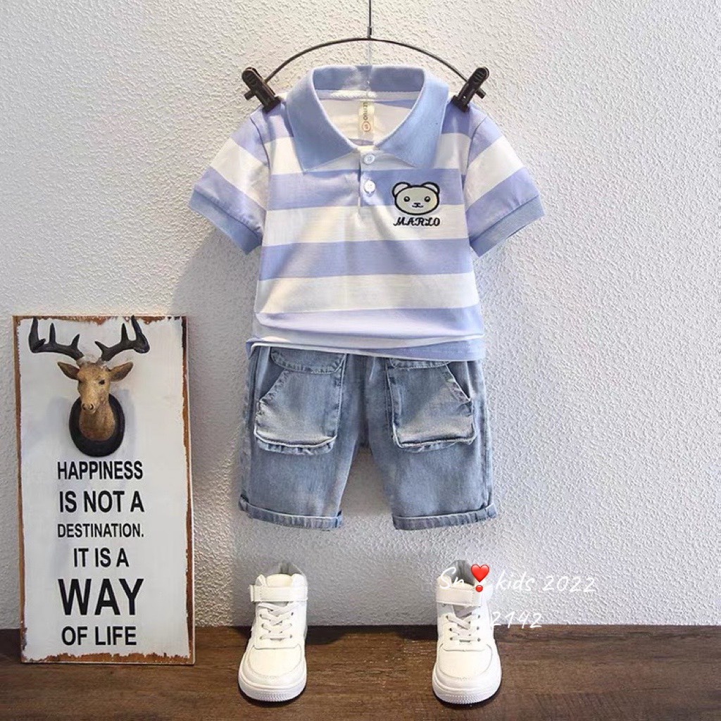 Bộ quần áo cộc tay bé trai, Sét áo polo kẻ to họa tiết gấu MARIO kèm quần bò ngố cho bé size 10-32kg
