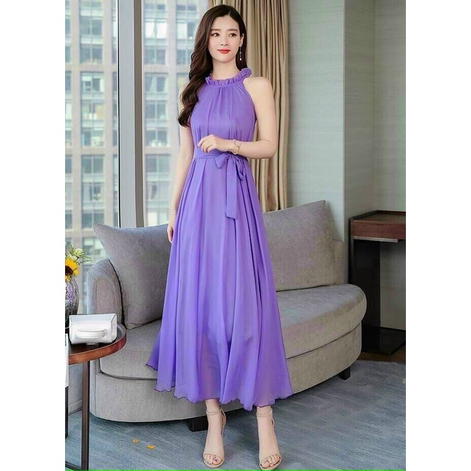 Đầm Maxi ⚡𝙎𝙄𝙀̂𝙐 𝙎𝘼𝙇𝙀⚡ Đầm Maxi Form Dài Xếp Ly Cổ Thời Trang Dành Cho nữ - 90109