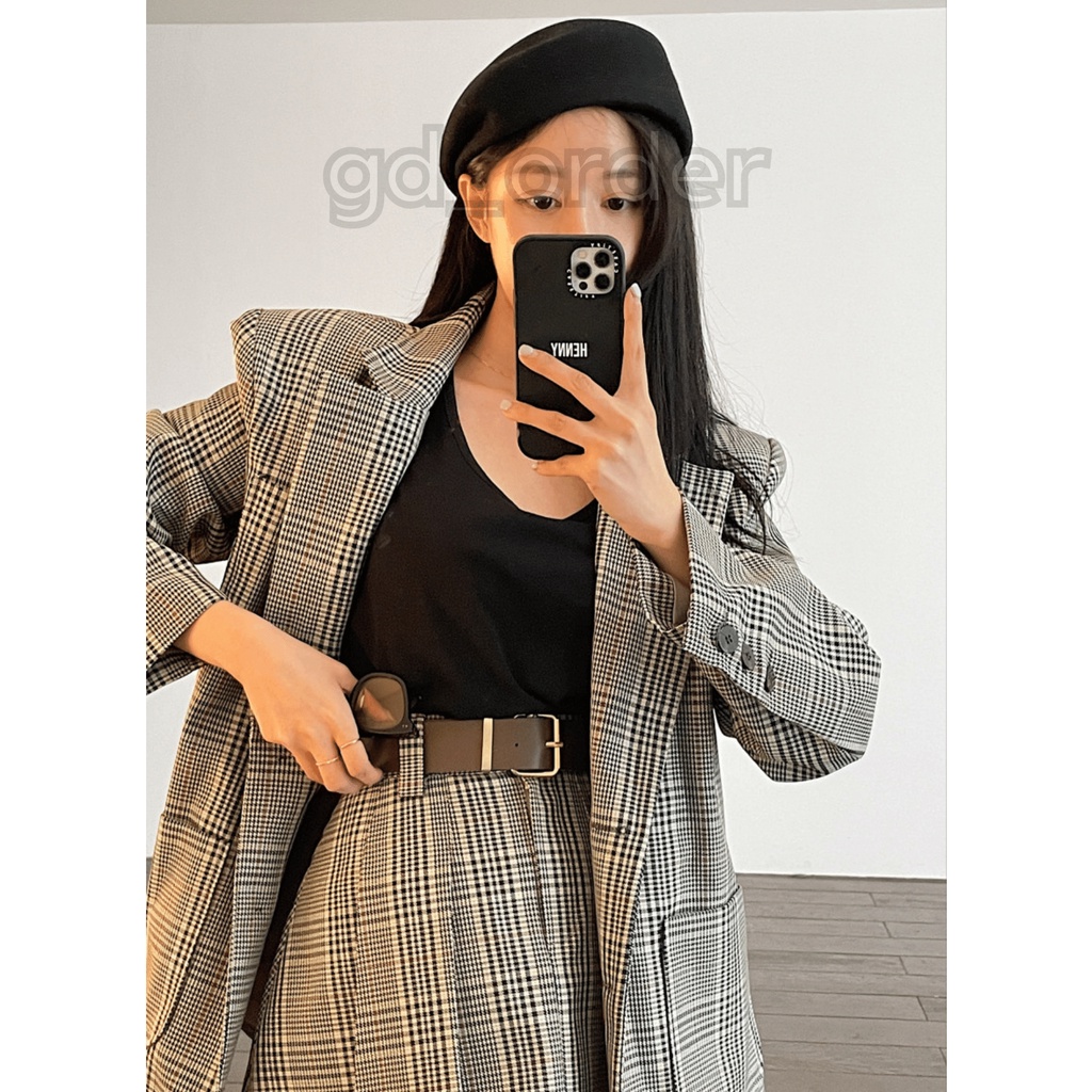 B81|Set bộ áo vest caro kẻ sọc đồng phục cổ điển kèm váy xếp ly ngắn thanh lịch, công sở gd_order