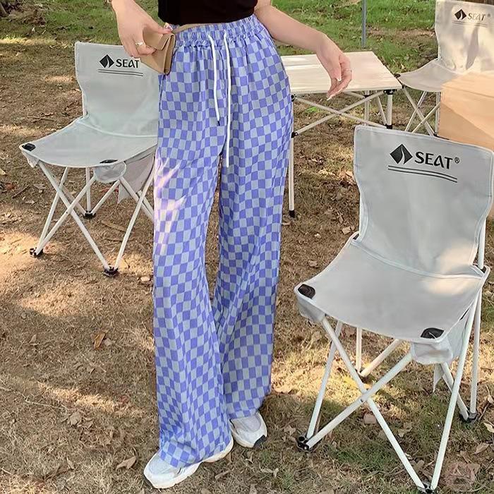 Quần Dài Ống Rộng Lưng Thun Dây Rút Họa Tiết Caro Thời Trang Cho Nữ