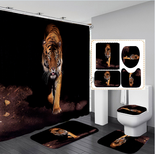 Set rèm nhà tắm + thảm sàn bồn cầu không trượt + tấm bọc nắp bồn cầu + thảm sàn nhà tắm hình con hổ hoạt hình chống nước