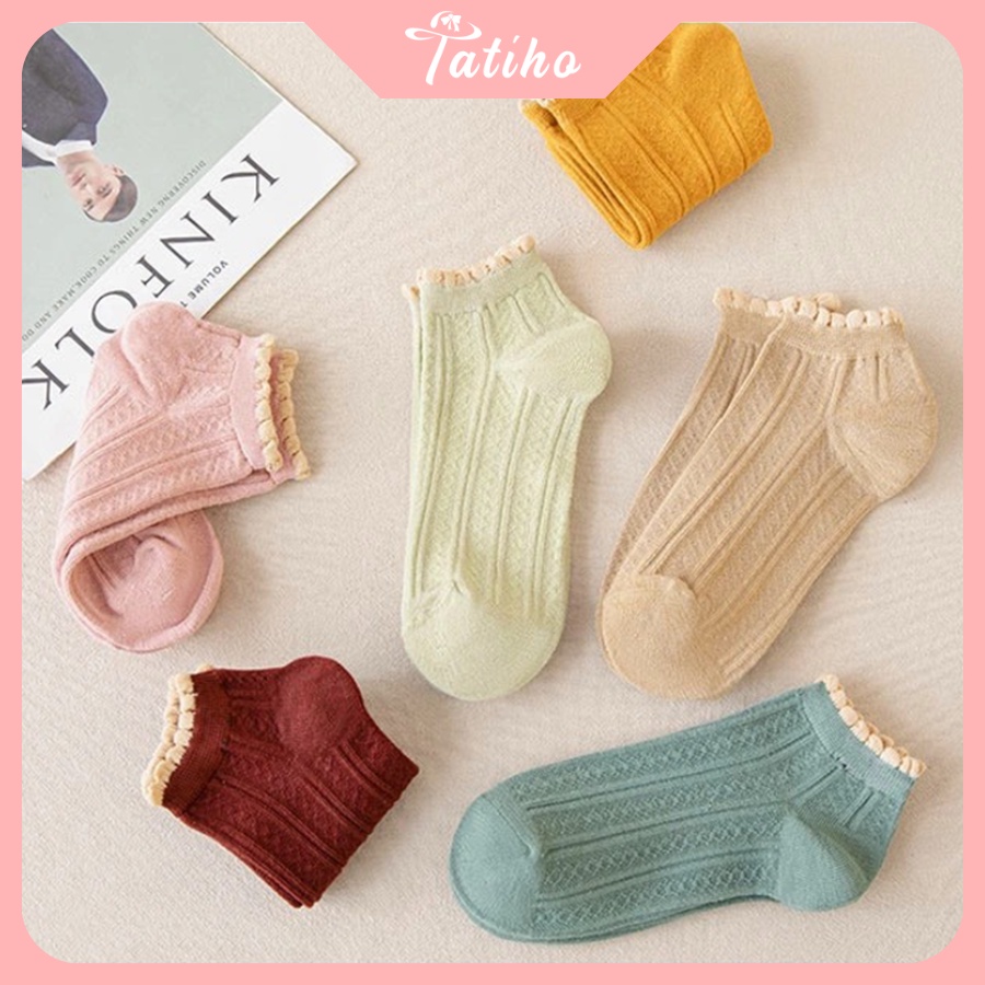 Vớ Tất Nữ Unisex Ren Cổ Thấp Chất Cotton Dày Dặn Họa Tiết Trơn Phối Cổ Nhúng Bèo Phong Cách Basic Thời Trang - Mã TV008