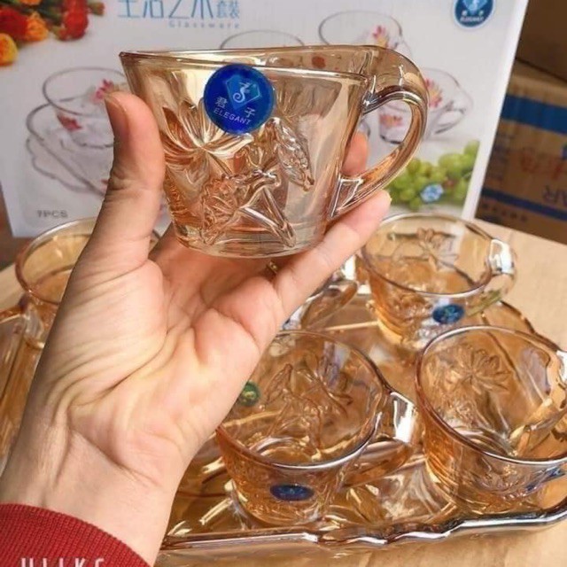 Bộ cốc thủy tinh uống nước kèm khay cao cấp, bộ ly thủy tinh có quai cầm siêu dày dặn sang trọng chịu nhiệt tốt
